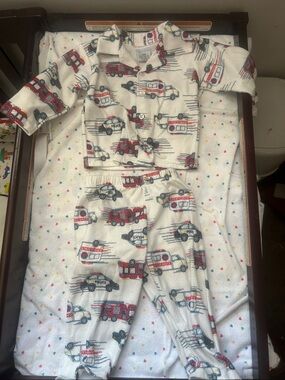 Cozy infant Firetruck Pajama Set - Cream with Red and Black